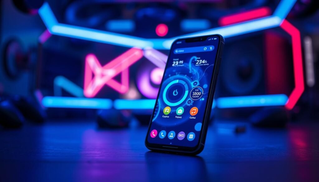 A sleek smartphone cooling app interface displayed prominently in the foreground, showcasing vibrant icons and cooling metrics on the screen. The phone is set against a dark, futuristic gaming setup, with RGB lighting illuminating the background, creating a high-tech ambiance. Subtle motion effects suggest airflow and cooling, visually portraying the app's functionality. Soft blue and green hues enhance the cooling theme, while a subtle glow emanates from the phone's screen to draw attention. The focus is sharp on the phone, with a slight bokeh effect on the background to emphasize depth. The overall mood is dynamic and engaging, reflecting the cutting-edge technology and performance enhancement of a gaming-focused application designed to prevent overheating. A sleek smartphone cooling app interface displayed prominently in the foreground, showcasing vibrant icons and cooling metrics on the screen. The phone is set against a dark, futuristic gaming setup, with RGB lighting illuminating the background, creating a high-tech ambiance. Subtle motion effects suggest airflow and cooling, visually portraying the app's functionality. Soft blue and green hues enhance the cooling theme, while a subtle glow emanates from the phone's screen to draw attention. The focus is sharp on the phone, with a slight bokeh effect on the background to emphasize depth. The overall mood is dynamic and engaging, reflecting the cutting-edge technology and performance enhancement of a gaming-focused application designed to prevent overheating.