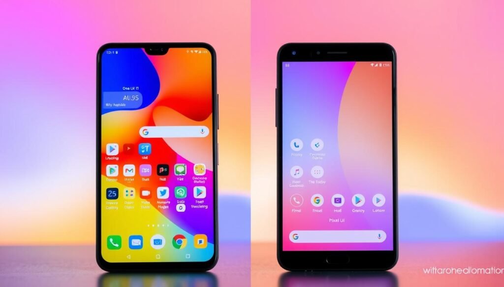 A split-screen image showcasing a smartphone interface: on the left, the vibrant and highly customizable One UI 6.1 with various app icons and widgets arranged artfully, emphasizing its rich color palette and extensive personalization options. On the right, a clean, minimalistic Pixel UI, featuring a simple, streamlined layout with soft pastel colors and fewer icons, highlighting its focus on simplicity and ease of use. In the background, a subtle gradient that transitions from energetic hues on the left to soft tones on the right, conveying the contrast between customization and simplicity. Soft, diffused lighting enhances the look, while a slight depth of field effect blurs the edges, drawing attention to the smartphones' interfaces. The overall mood is engaging and informative, appealing to a tech-savvy audience.