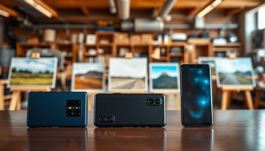 A vibrant comparison of mid-range smartphone cameras displayed on an elegant wooden table. In the foreground, three smartphones with varying camera designs feature prominently, showcasing their camera modules and lenses in detailed close-up. Each phone should have a different color scheme, highlighting the modern technology. In the middle ground, soft-focus images of sample photographs taken with these cameras—landscapes, portraits, and night scenes—are displayed on minimalist white canvases to emphasize clarity. The background is a blurred tech workshop with warm lighting, enhancing the atmosphere of innovation and sophistication. The overall mood is one of excitement and professionalism, inviting the viewer to explore the cutting-edge technology of mid-range smartphones.