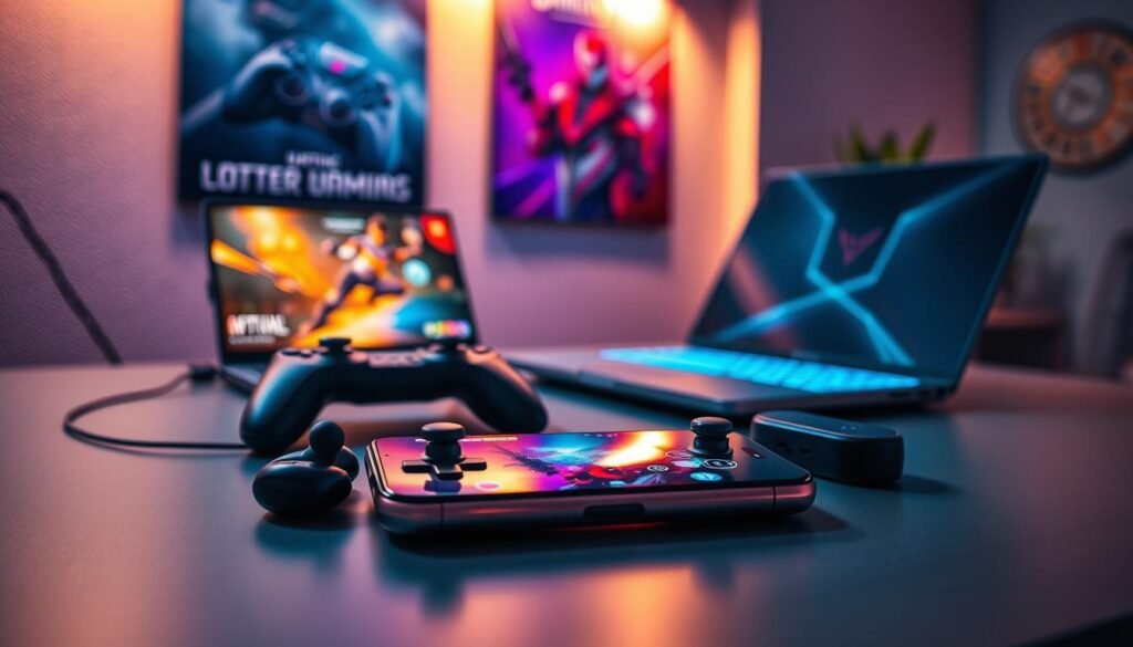 A vibrant, high-tech scene showcasing essential mobile gaming tools on a sleek desk. In the foreground, a modern smartphone is prominently displayed, its screen lit up showing a colorful gaming interface. Surrounding the phone are a gaming controller, a pair of wireless earbuds, and a portable charger, all designed with a futuristic aesthetic. In the middle ground, a stylish gaming laptop is partially visible, glowing under ambient LED lighting that sets a dynamic mood. The background features a softly blurred wall with high-resolution gaming posters, adding depth and context to the scene. A warm, focused light accentuates the tools, creating an inviting and energetic atmosphere, ideal for immersive gaming experiences. The composition should evoke excitement and innovation in mobile gaming. A vibrant, high-tech scene showcasing essential mobile gaming tools on a sleek desk. In the foreground, a modern smartphone is prominently displayed, its screen lit up showing a colorful gaming interface. Surrounding the phone are a gaming controller, a pair of wireless earbuds, and a portable charger, all designed with a futuristic aesthetic. In the middle ground, a stylish gaming laptop is partially visible, glowing under ambient LED lighting that sets a dynamic mood. The background features a softly blurred wall with high-resolution gaming posters, adding depth and context to the scene. A warm, focused light accentuates the tools, creating an inviting and energetic atmosphere, ideal for immersive gaming experiences. The composition should evoke excitement and innovation in mobile gaming.