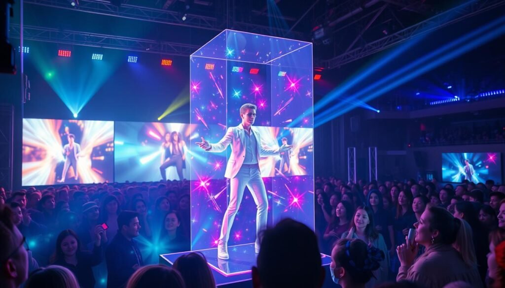 A vibrant scene showcasing a 3D hologram projection during a virtual concert, capturing the essence of innovation in holographic technology. In the foreground, a stunning, semi-transparent hologram of an artist performing, dressed in stylish yet professional attire, radiating dynamic colors and light effects that interact with the audience. In the middle, a crowd of engaged viewers, illuminated by the soft glow of the holograms, with expressions of awe and enjoyment. The background features an elaborate stage setup with high-tech equipment like laser lights and projection screens, complemented by atmospheric lighting that enhances the immersive experience. The mood is energetic and futuristic, reflecting the cutting-edge advancements in technology used to create unforgettable virtual performances. A vibrant scene showcasing a 3D hologram projection during a virtual concert, capturing the essence of innovation in holographic technology. In the foreground, a stunning, semi-transparent hologram of an artist performing, dressed in stylish yet professional attire, radiating dynamic colors and light effects that interact with the audience. In the middle, a crowd of engaged viewers, illuminated by the soft glow of the holograms, with expressions of awe and enjoyment. The background features an elaborate stage setup with high-tech equipment like laser lights and projection screens, complemented by atmospheric lighting that enhances the immersive experience. The mood is energetic and futuristic, reflecting the cutting-edge advancements in technology used to create unforgettable virtual performances.