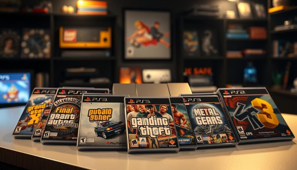 A visually striking and detailed collection of the best PlayStation 2 games arranged artistically on a sleek, modern surface. In the foreground, display a selection of iconic PS2 game cases with vibrant covers, such as "Final Fantasy X," "Grand Theft Auto: San Andreas," and "Metal Gear Solid 3." The middle ground features a classic PS2 console, its distinctive design highlighted with soft ambient lighting. The background consists of a shadowy gaming environment, evoking nostalgia with shelves lined with vintage gaming memorabilia. The lighting is warm and inviting, creating an atmosphere of excitement and nostalgia. Use a shallow depth of field to focus on the game covers while gently blurring the background, enhancing the feeling of a curated showcase of the best PS2 games available on PS5. A visually striking and detailed collection of the best PlayStation 2 games arranged artistically on a sleek, modern surface. In the foreground, display a selection of iconic PS2 game cases with vibrant covers, such as "Final Fantasy X," "Grand Theft Auto: San Andreas," and "Metal Gear Solid 3." The middle ground features a classic PS2 console, its distinctive design highlighted with soft ambient lighting. The background consists of a shadowy gaming environment, evoking nostalgia with shelves lined with vintage gaming memorabilia. The lighting is warm and inviting, creating an atmosphere of excitement and nostalgia. Use a shallow depth of field to focus on the game covers while gently blurring the background, enhancing the feeling of a curated showcase of the best PS2 games available on PS5.