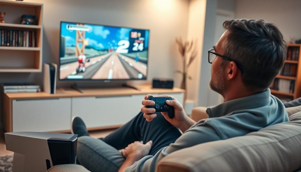 Imagine a cozy living room setting where a modern gaming console, a PS5, is prominently featured on an elegant entertainment unit. In the foreground, a mid-adult male wearing casual yet tidy clothing sits on a comfortable couch, intently holding a PS5 controller while navigating a classic PS2 game on the screen. The TV displays vibrant graphics from a popular PS2 game, showcasing nostalgia and excitement. Soft, ambient lighting illuminates the room, creating a relaxed atmosphere. Shelves in the background are lined with various game cases, blending modern and retro themes. Use a slightly angled perspective to emphasize the gaming action, capturing the joy of merging old and new gaming experiences, all while ensuring a warm, inviting mood. Imagine a cozy living room setting where a modern gaming console, a PS5, is prominently featured on an elegant entertainment unit. In the foreground, a mid-adult male wearing casual yet tidy clothing sits on a comfortable couch, intently holding a PS5 controller while navigating a classic PS2 game on the screen. The TV displays vibrant graphics from a popular PS2 game, showcasing nostalgia and excitement. Soft, ambient lighting illuminates the room, creating a relaxed atmosphere. Shelves in the background are lined with various game cases, blending modern and retro themes. Use a slightly angled perspective to emphasize the gaming action, capturing the joy of merging old and new gaming experiences, all while ensuring a warm, inviting mood.