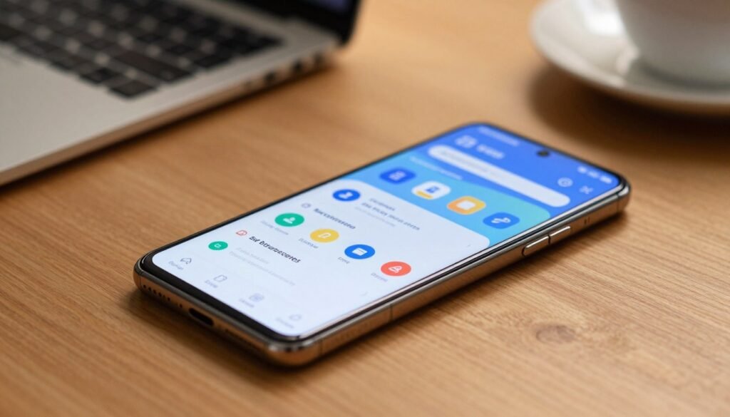 A close-up of a modern smartphone, specifically showcasing the Galaxy A series, resting on a sleek wooden surface with a warm, soft light illuminating the screen. The device displays its settings interface for performance optimization, featuring vibrant icons for battery management, app usage statistics, and background processes. In the background, there are subtle hints of a workspace with a minimalistic design, such as a blurred laptop and a coffee mug, evoking a productive atmosphere. The image should convey a professional and informative mood, inviting users to explore fundamental settings that enhance performance. Use a shallow depth of field to focus on the phone, creating a sophisticated and engaging visual experience. A close-up of a modern smartphone, specifically showcasing the Galaxy A series, resting on a sleek wooden surface with a warm, soft light illuminating the screen. The device displays its settings interface for performance optimization, featuring vibrant icons for battery management, app usage statistics, and background processes. In the background, there are subtle hints of a workspace with a minimalistic design, such as a blurred laptop and a coffee mug, evoking a productive atmosphere. The image should convey a professional and informative mood, inviting users to explore fundamental settings that enhance performance. Use a shallow depth of field to focus on the phone, creating a sophisticated and engaging visual experience.