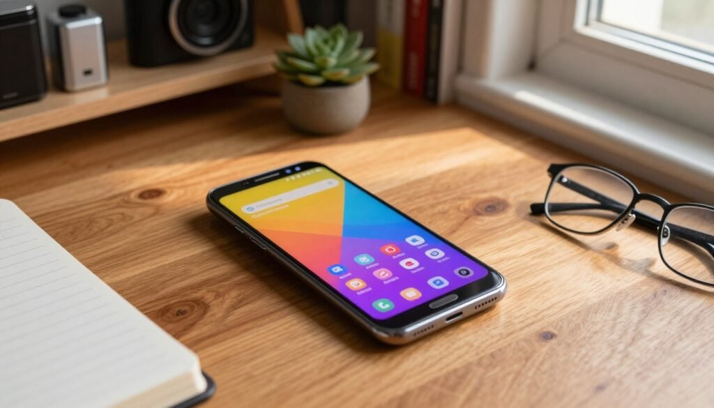 A close-up scene featuring a sleek Samsung Galaxy A series smartphone on a polished wooden desk. In the foreground, the phone displays a vibrant screen showcasing various settings icons for optimal performance tips. Surrounding the phone, there are subtle elements like a digital notepad, a small succulent plant, and a pair of professional glasses, indicating a workspace atmosphere. In the background, soft-focus shelves hold tech gadgets and books related to smartphone care, enhancing the tech-savvy environment. The lighting is warm and inviting, creating a cozy yet efficient mood, with natural light streaming from a nearby window, casting gentle shadows. The angle is slightly top-down, capturing the essence of an organized and modern workspace for maintaining smartphone performance. A close-up scene featuring a sleek Samsung Galaxy A series smartphone on a polished wooden desk. In the foreground, the phone displays a vibrant screen showcasing various settings icons for optimal performance tips. Surrounding the phone, there are subtle elements like a digital notepad, a small succulent plant, and a pair of professional glasses, indicating a workspace atmosphere. In the background, soft-focus shelves hold tech gadgets and books related to smartphone care, enhancing the tech-savvy environment. The lighting is warm and inviting, creating a cozy yet efficient mood, with natural light streaming from a nearby window, casting gentle shadows. The angle is slightly top-down, capturing the essence of an organized and modern workspace for maintaining smartphone performance.